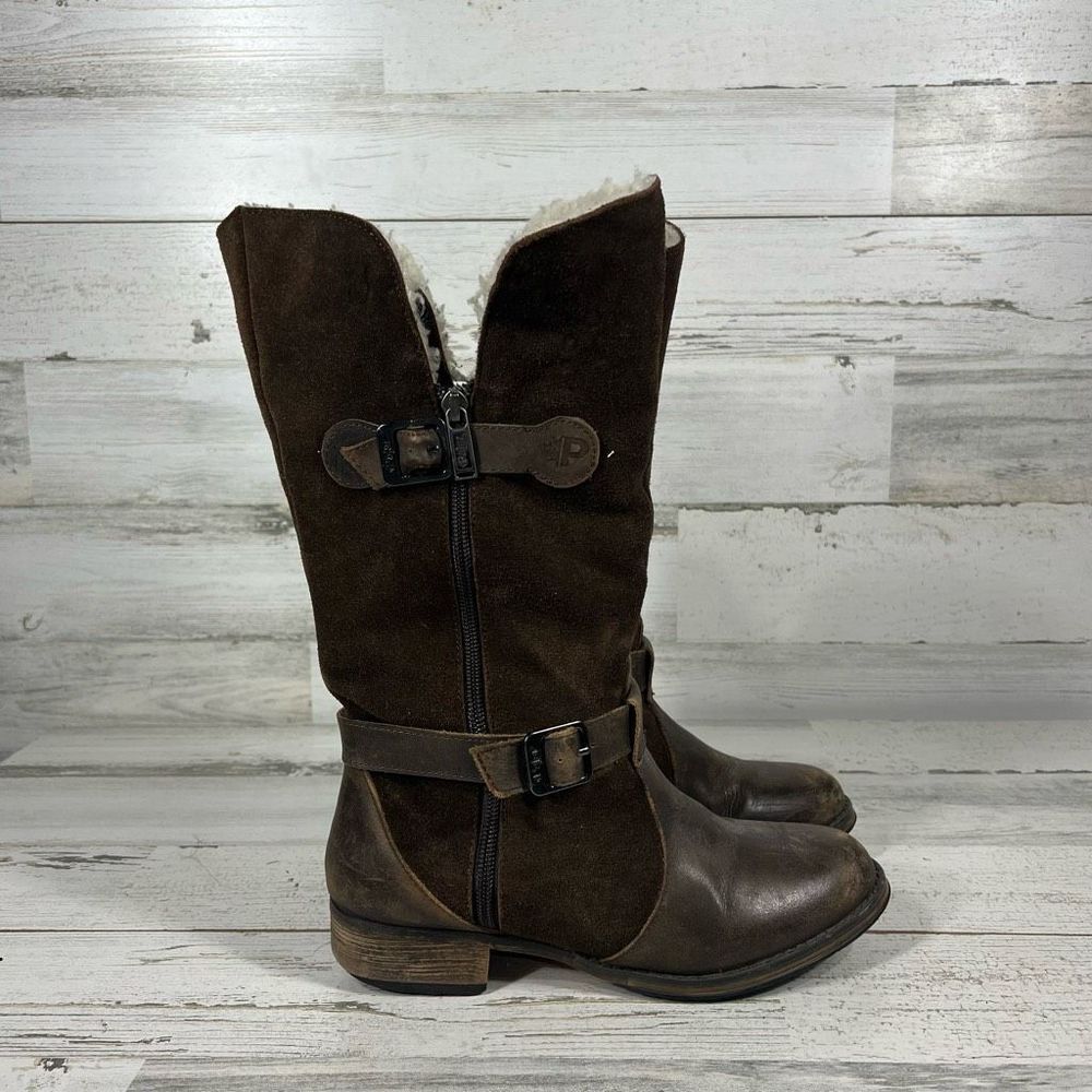 Pajar Womens Winter Boots Mid Calf Side Zip Brown Leather Lined Fur 6/6.5 US